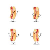 quente cachorro desenho animado mascote personagem. Comida conceito. cartazes, menus, brochuras, rede, e ícone velozes Comida. ilustração velozes Comida. engraçado quente cachorro, salsicha, frankfurter personagem com olhos, pernas. vetor