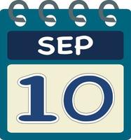plano ícone calendário 10 do setembro. data, dia e mês. vetor ilustração . azul cerceta verde cor bandeira. 10 setembro 10º do setembro