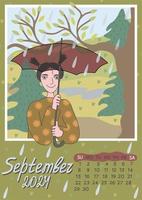 setembro 2024. calendário a4, a3. semana começa em Domingo, vetor ilustração com fofa pequeno menina em pé debaixo a guarda-chuva.