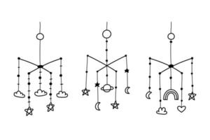 conjunto bebê brinquedo móvel. vetor ilustração.coleção rabisco estilo. linear suspensão crianças brinquedo.