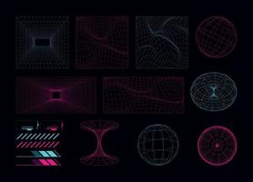geométrico retro estrutura de arame 3d formas, futurista e cyberpunk rede elementos com delírio estilo, abstrato fundo com brilhando néon luzes vetor