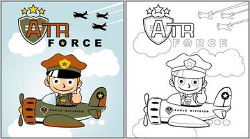 jovem piloto em militares avião, coloração livro ou página, vetor desenho animado ilustração