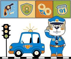 engraçado gato dentro policial uniforme com polícia elemento, desenho animado vetor ilustração