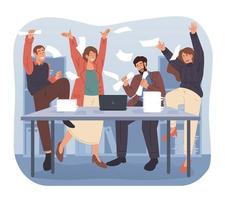 grupo do o negócio pessoas a comemorar sucesso enquanto jogando papelada ou documentos dentro escritório vetor