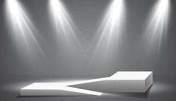 a rampa do a pódio, pedestal ou plataforma é iluminado de holofotes em uma cinzento fundo. cena com pitoresco luzes. vetor ilustração.