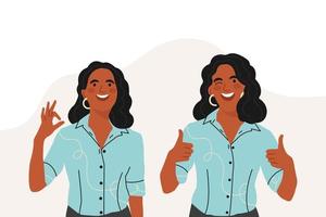 sorridente africano americano jovem mulher gestos dentro gratidão, positivo opinião. reconhecimento e gratidão. plano vetor ilustração.