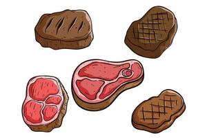 conjunto do saboroso carne ou bife com mão desenhando estilo vetor