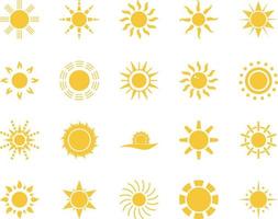 Sol. verão Tempo ícone definir. conjunto do amarelo ícones do a sol, isolado em branco fundo . vetor