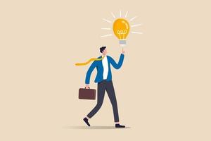 ideia de negócio, empresário líder de empresa tem solução para resolver problema de negócios ou conceito de pensamento de criatividade, empresário inteligente segurando mala pensando e tem uma lâmpada brilhante em seu dedo vetor