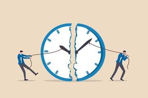 gerenciamento de tempo, prazo de trabalho ou conceito de planejamento de tempo de trabalho, empresário usando corda para puxar o ponteiro dos minutos e das horas para quebrar a metáfora do relógio de esforço para gerenciar o tempo de vários projetos. vetor