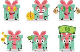 presente desenho animado personagem com fofa emoticon trazer dinheiro vetor