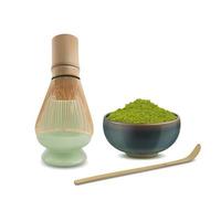 realista detalhado 3d bambu batedor e tigela do verde pó japonês matcha chá cerimônia conceito. vetor