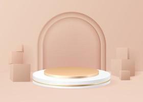 ouro, bege cor volta pedestal pódio. luxo geométrico plataforma. creme parede cena com cubos. vetor Prêmio 3d forma para Cosmético produtos exibição apresentação. cilindro dentro a quarto interior