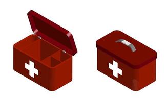vermelho primeiro ajuda kit para emergência ressuscitação dentro aberto e fechadas forma. conjunto do Salva-vidas e médico trabalhador para tratar uma paciente. isolado 3d vetor em branco fundo