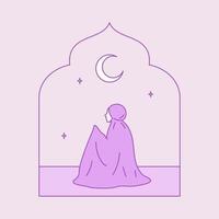 muçulmano mulher orar faço dua perguntar Socorro a partir de Alá dentro a mesquita às a meia noite durante Ramadã mês atividade vetor ilustração Projeto