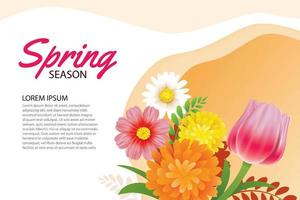 Olá primavera cartão e convite com modelo de plano de fundo de flores desabrochando. design para decoração, folhetos, cartazes, brochura, banner. vetor