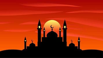 Ramadã fundo do silhueta mesquita dentro pôr do sol para islâmico Projeto. Projeto gráfico do mesquita para Ramadã cumprimento dentro muçulmano cultura e islamismo religião. panorama ilustração Ramadã cultura vetor