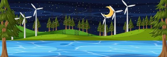 cena horizontal da natureza à noite com muitas turbinas eólicas vetor