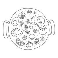 ingredientes para panela wok. vetor doodle plana conjunto de símbolos wok asiáticos. legumes com frutos do mar para design de menu.