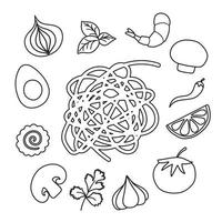 ingredientes para panela wok. vetor doodle plana conjunto de símbolos wok asiáticos. legumes com frutos do mar para design de menu.
