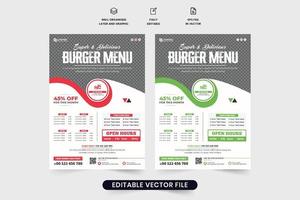 culinária Comida cardápio promocional folheto modelo com vermelho e verde cores. moderno restaurante Comida cardápio propaganda modelo vetor com foto espaços reservados. restaurante folheto e poster Projeto.