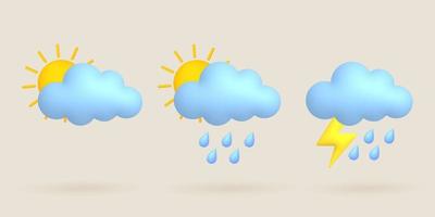 3d desenho animado clima ícones definir. sol, chuva, nuvem, raio, trovoada. vetor
