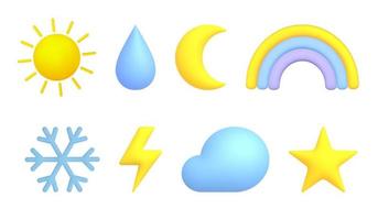 3d desenho animado clima ícones definir. sol, lua, estrela, arco-íris, nuvem, raio, gota de chuva, floco de neve. vetor