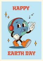 vertical poster ou cartão ilustração groovy planeta personagem caminhando dentro retro desenho animado estilo do anos 60 anos 70. citar feliz terra dia vetor