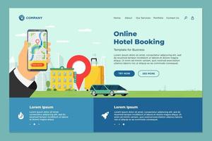 serviço de reservas online de hotéis para modelo de página de destino de turismo de férias. web design de reserva de transporte de apartamento de viagens. mala de motel e pino de localização e mão segurando ilustração eps do smartphone vetor