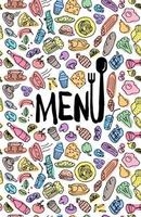 modelo de design de capa de menu de restaurante café. página de título com padrão de desenho colorido de contorno de doodle de comida desenhada de mão ilustração vetorial de cozinha vetor