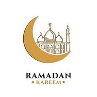 Ramadan kareem saudação em ilustração vetorial de fundo desfocado desenho islâmico lua crescente e silhueta de cúpula de mesquita com padrão árabe e caligrafia vetor