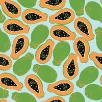 laranja, verde mamão padronizar em uma pálido azul fundo. exótico verão havaiano frutas. desatado Projeto para rede e imprimir. moda vetor desenho.