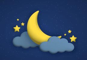 fofa noite céu fundo com 3d nuvens, lua e estrelas. vetor