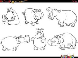 desenho animado hipopótamo animal personagens conjunto coloração página vetor