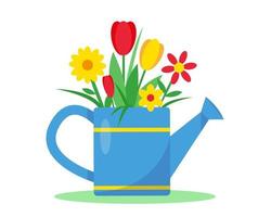 rega pode com flores em branco fundo. Primavera ou verão jardinagem ícone vetor ilustração.