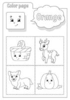 livro para colorir laranja. aprender cores. flashcard para crianças. personagens de desenhos animados. conjunto de imagens para pré-escolares. planilha de educação. ilustração vetorial. vetor