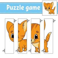 jogo de puzzle para crianças com gato. prática de corte. planilha de desenvolvimento de educação. página de atividades. Personagem de desenho animado.