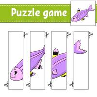 jogo de puzzle para crianças com peixes. prática de corte. planilha de desenvolvimento de educação. página de atividades. Personagem de desenho animado.