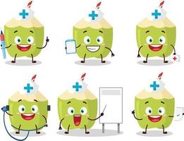 médico profissão emoticon com verde coco desenho animado personagem vetor