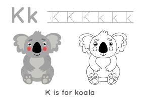 página para colorir e rastrear com a letra ke coala bonito dos desenhos animados. vetor