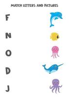 jogo de correspondência para crianças. encontrar animais marinhos e letras com os quais eles começam. vetor