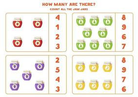 jogo de contagem com potes de geléia. planilha de matemática. vetor