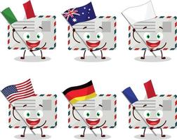 envelope desenho animado personagem trazer a bandeiras do vários países vetor
