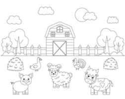 animais de fazenda de cor no campo. página para colorir para crianças. vetor