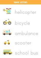 rastreamento de letras com meios de transporte de desenhos animados. prática da escrita. vetor