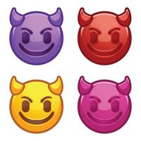 mal diabo emoji. feliz roxa emoticon com diabo chifres, regozijando-se demônio desenho animado estilizado vetor coleção conjunto ícone