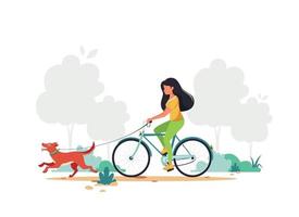 mulher andando de bicicleta com cachorro no parque. estilo de vida saudável, conceito de atividade ao ar livre. ilustração vetorial.print vetor