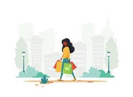 mulher negra às compras na cidade. estilo de vida urbano. ilustração vetorial.print vetor