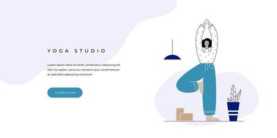 modelo de banner de site de estúdio de ioga com botão. mulher em pé em vrksasana. personagem feminina em uma pose de ioga de árvore. design plano para elemento para internet. ilustração em vetor de uma menina calma meditando.