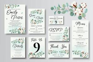 conjunto de modelos de cartão de convite de casamento, eucalipto verde e flores de algodão vetor